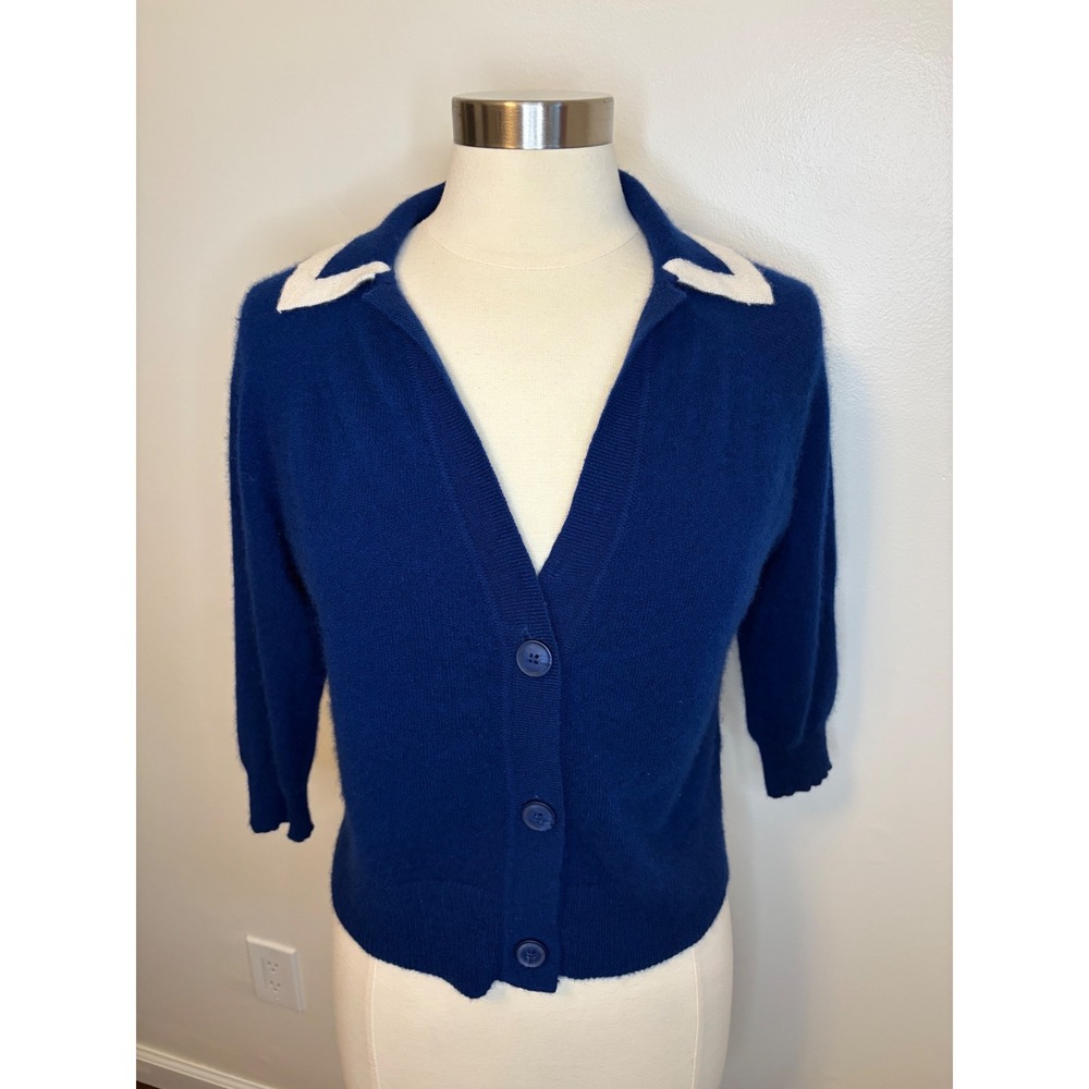 NoName Cashmere Cardigan Blue Collared Cropped Sweater S Preppy Quiet Luxury